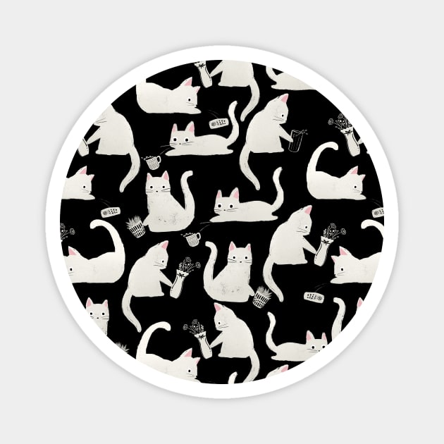 Bad Cats Knocking Stuff Over, White Cats on Black Magnet by tanyadraws